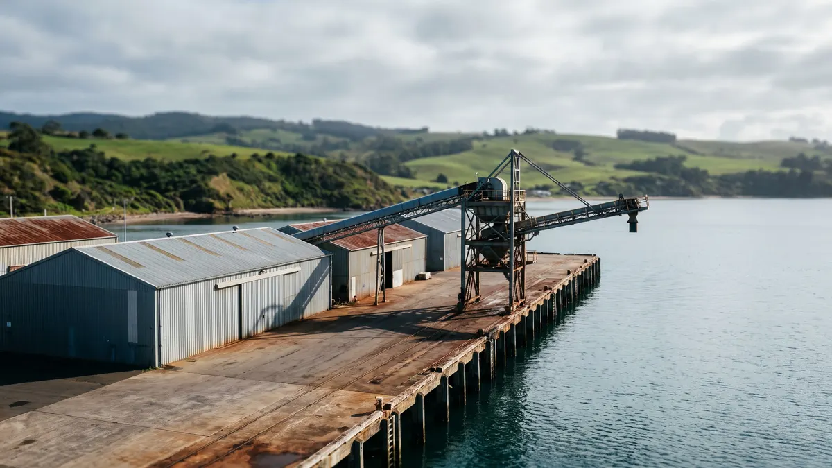 Cargo sheds and a bulk loading conveyor on a wharf, with green rolling hills behind under an overcast sky.