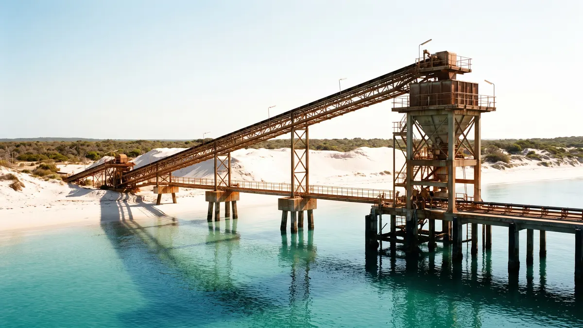 A sand conveyor loader on a jetty over turquoise water, with brilliant white dunes and coastal bushland behind.