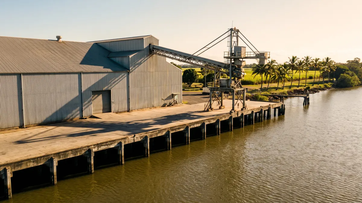 Sugar storage sheds and a conveyor loading gantry on a river wharf, with palm trees and cane fields along the bank.