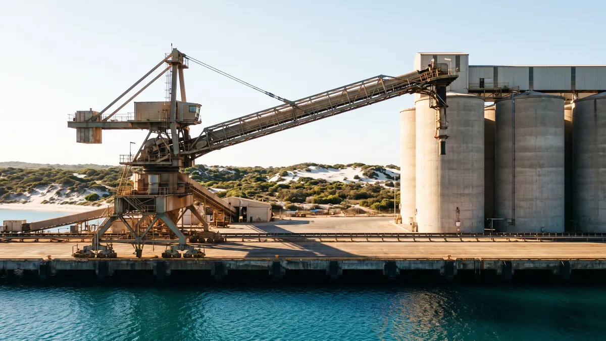 A ship loader and grain silos on a wharf, with white sand dunes and coastal scrub behind, and turquoise water in front.