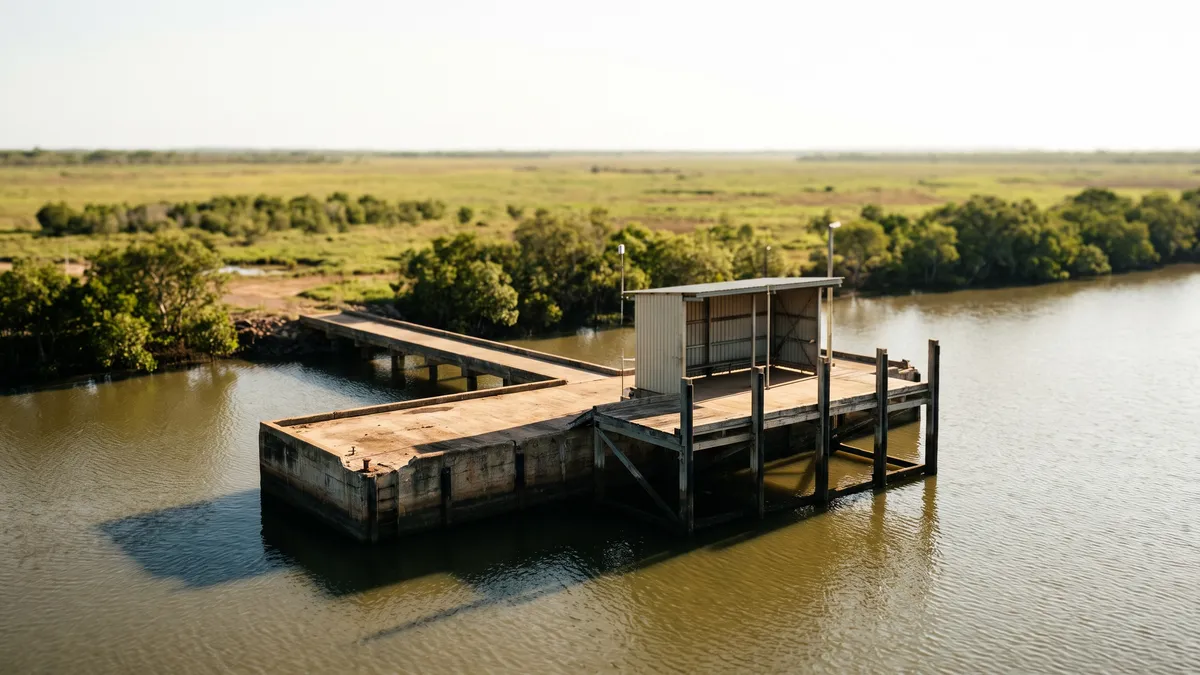 A small concrete and timber river barge landing with a plain shelter shed, calm brown river water, mangroves and flat tropical grassland behind.