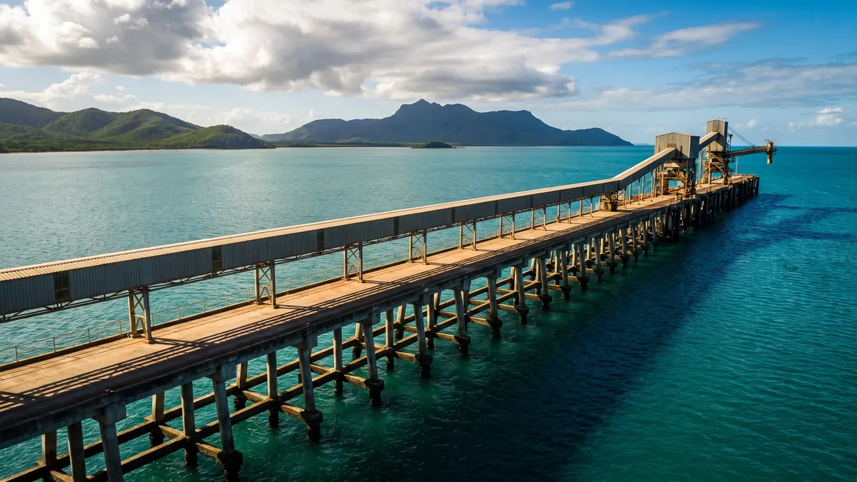 A long trestle jetty with a covered conveyor gallery over turquoise tropical water, with island hills behind.