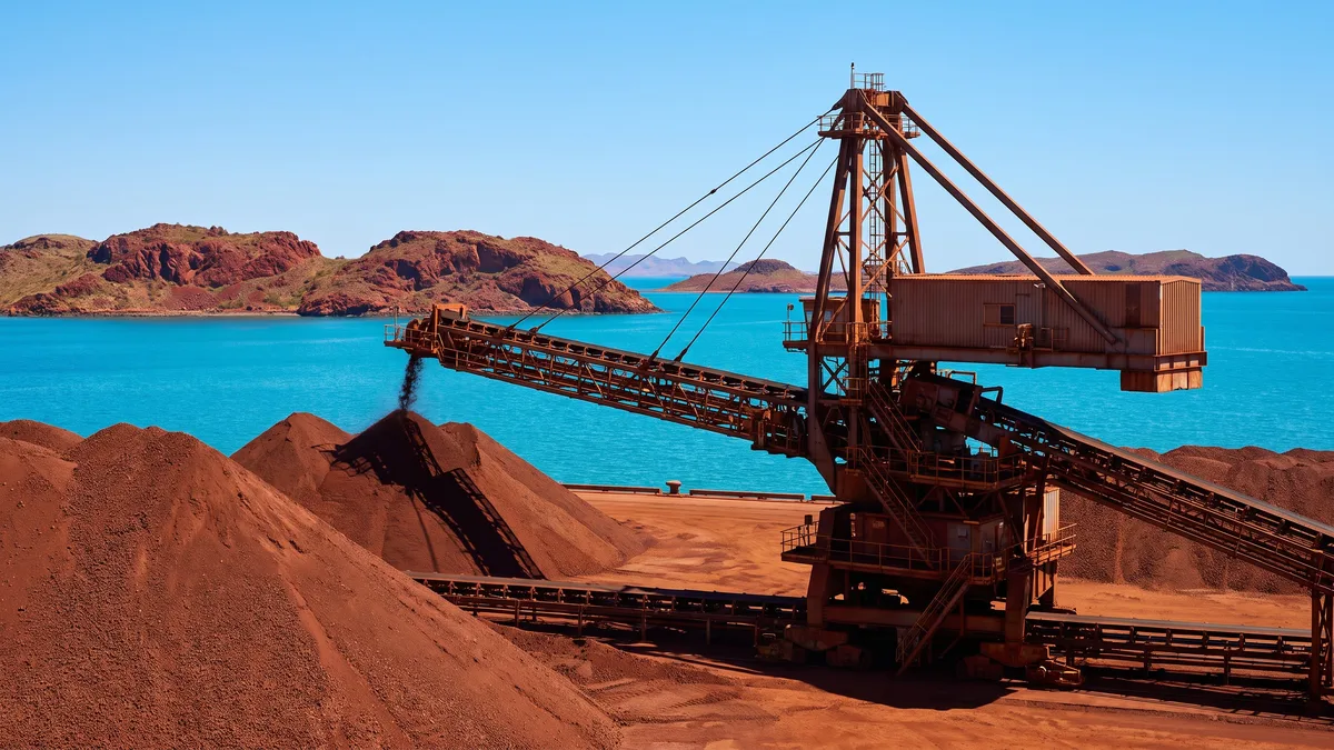 A bulk conveyor loader and red ore stockpiles on a wharf, with red rocky archipelago islands and turquoise water behind.