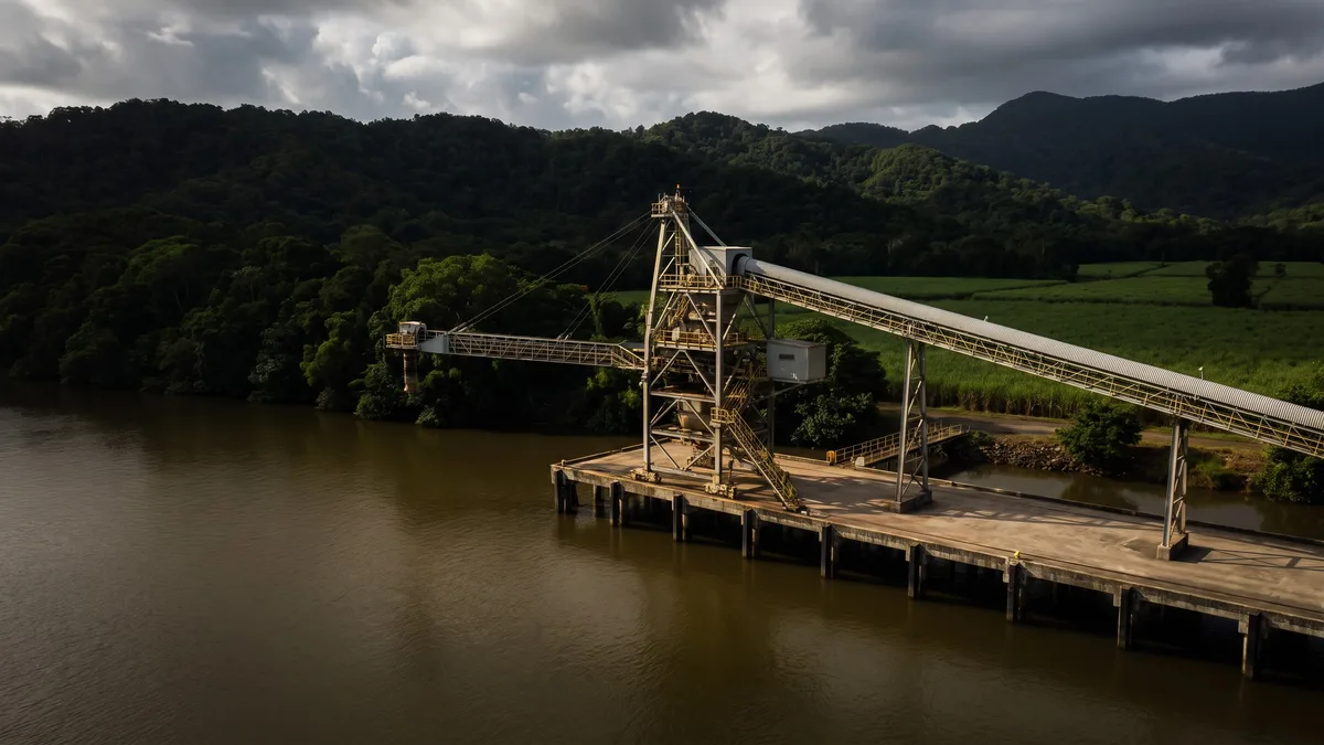 Aerial view of a sugar conveyor loader on a river wharf, with dense rainforest hills and cane fields behind.