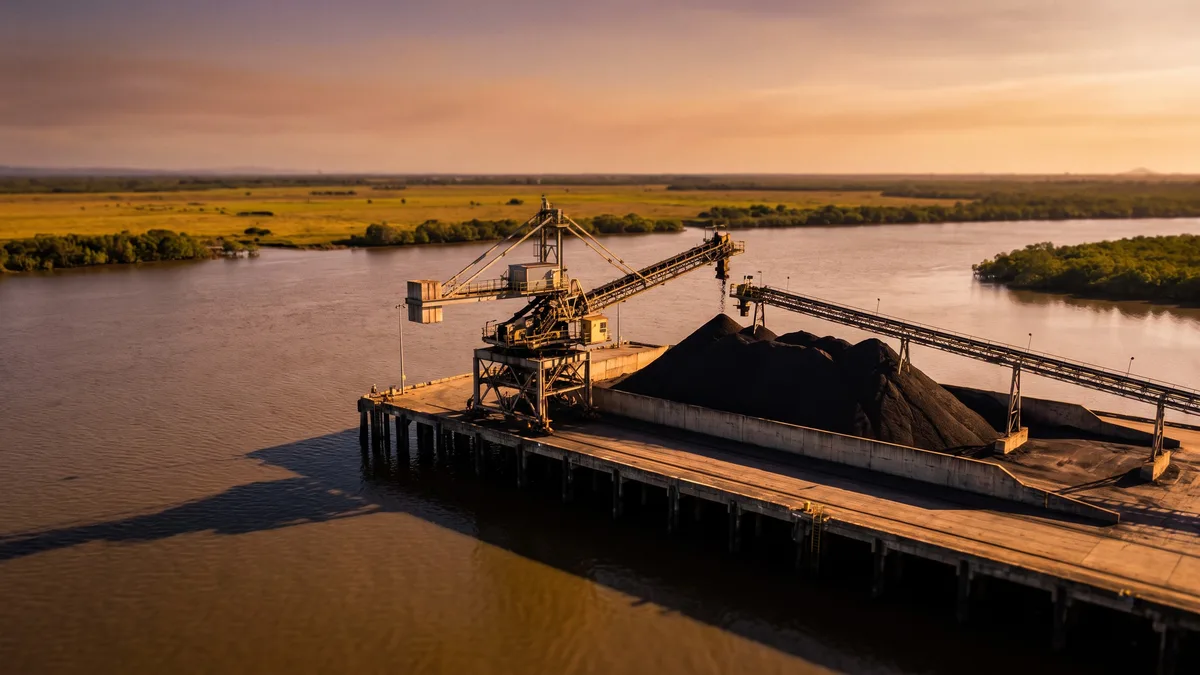 A conveyor loader and stockpile on a river-mouth wharf, with flat grazing country and mangrove fringes behind.