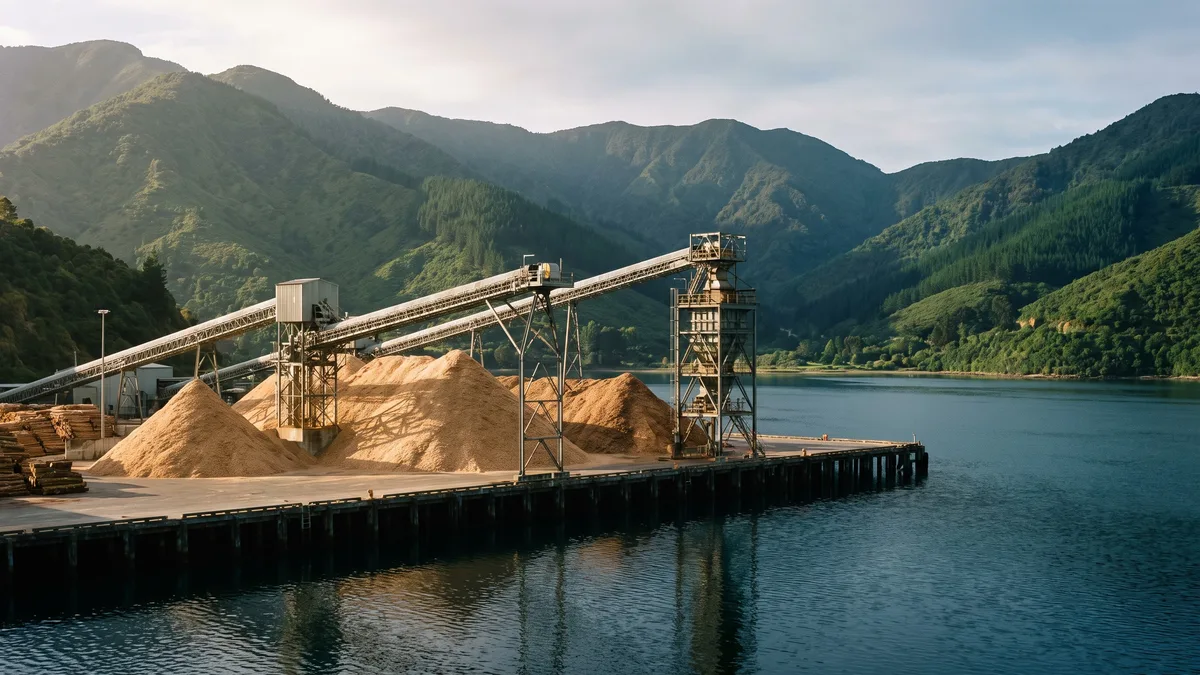 Woodchip stockpiles and conveyor loading structures on a wharf, with steep forested hills behind calm sheltered water.