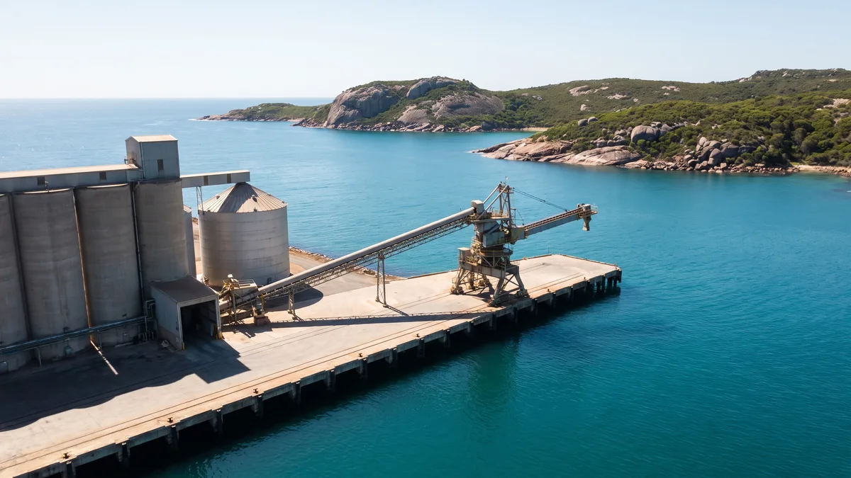 Grain silos and a conveyor loader on a wharf, with granite headlands and turquoise gulf water behind.