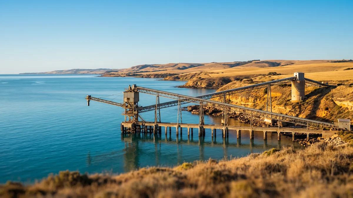 A long conveyor loader jetty over calm turquoise gulf water, with golden farmland and low coastal bluffs behind.