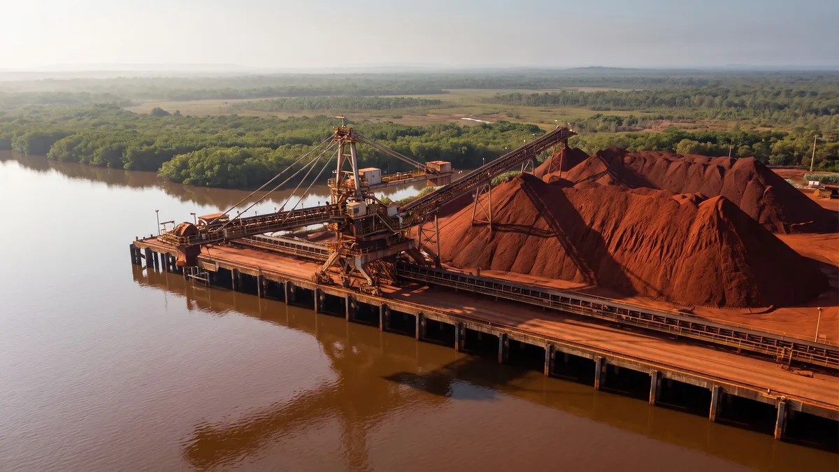 A bauxite conveyor loader and red stockpiles on a river wharf, with mangroves and tropical woodland behind.