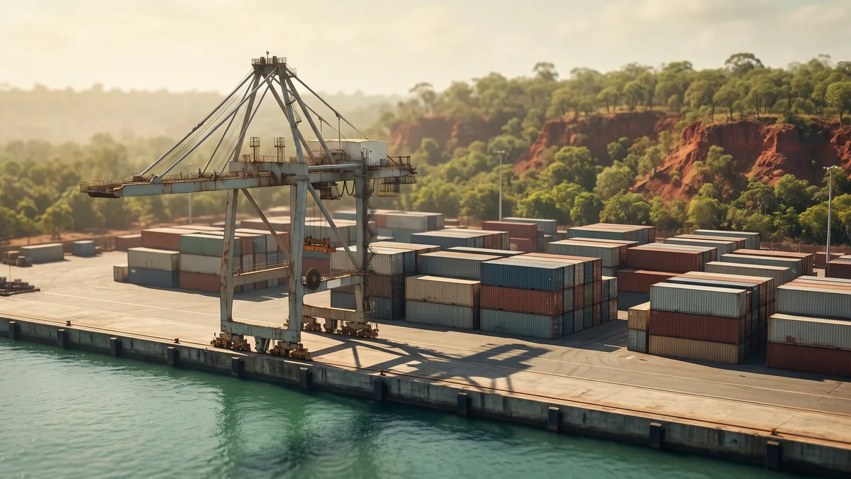 Shipping container stacks and a gantry crane on a paved wharf, with a red-earth escarpment and monsoonal woodland behind.