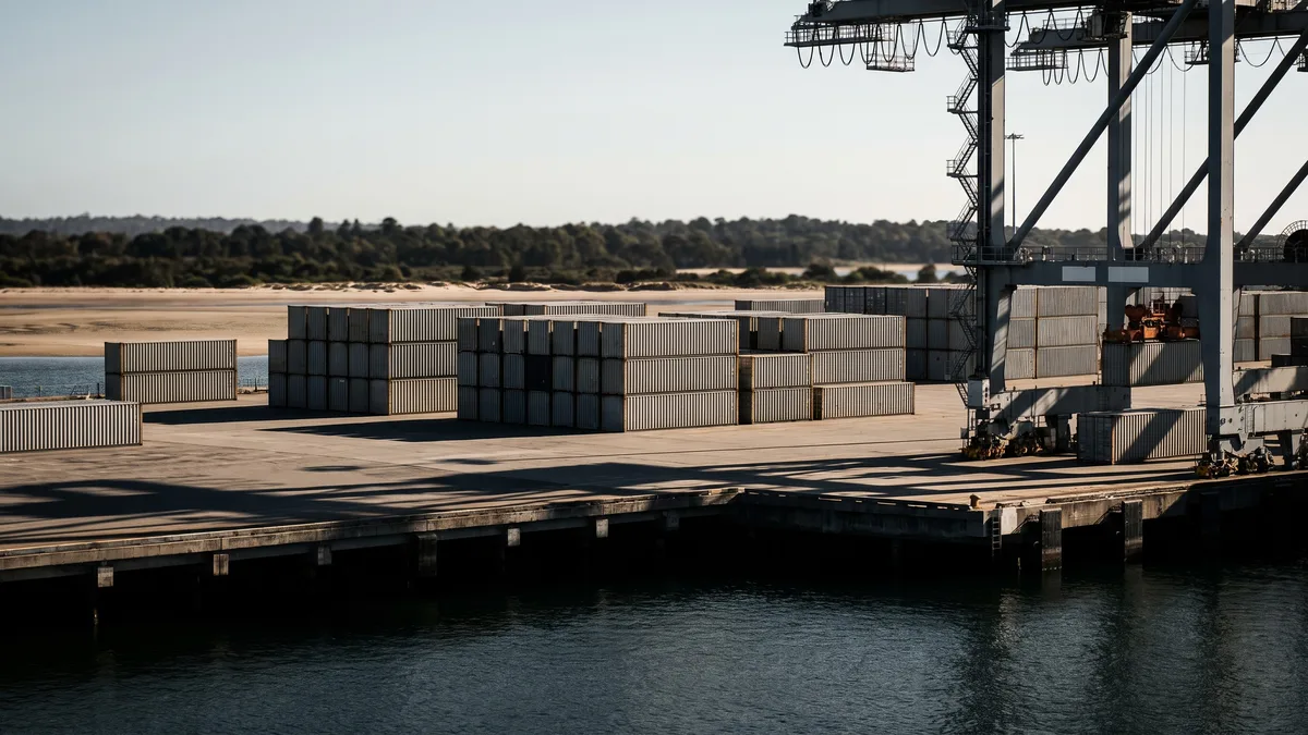Stacked plain shipping containers and a gantry crane on a paved wharf, with a sandy foreshore and treeline behind.