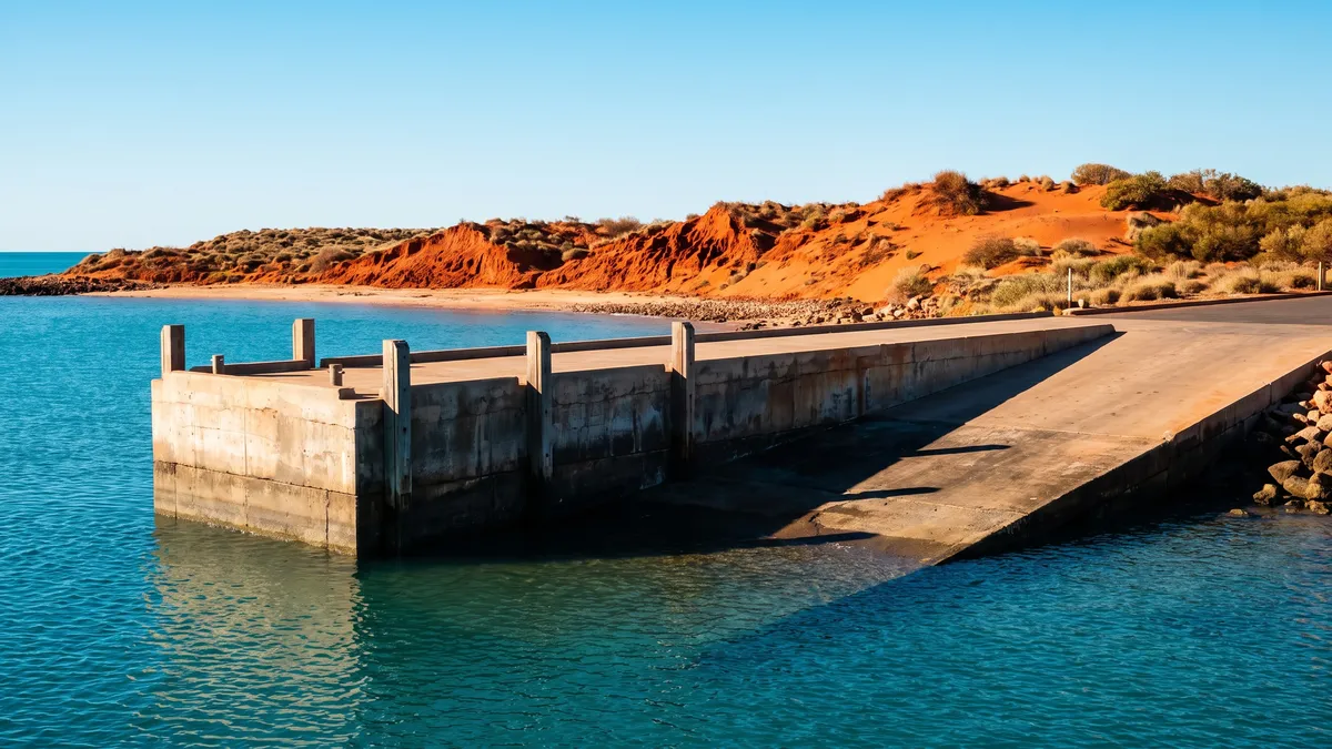A concrete boat ramp and small jetty over turquoise coastal water, with red pindan dunes and coastal scrub behind.