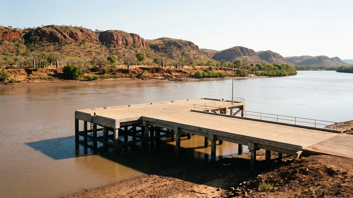 A plain concrete river wharf on a wide tidal river, with red Kimberley range cliffs and boab trees behind.