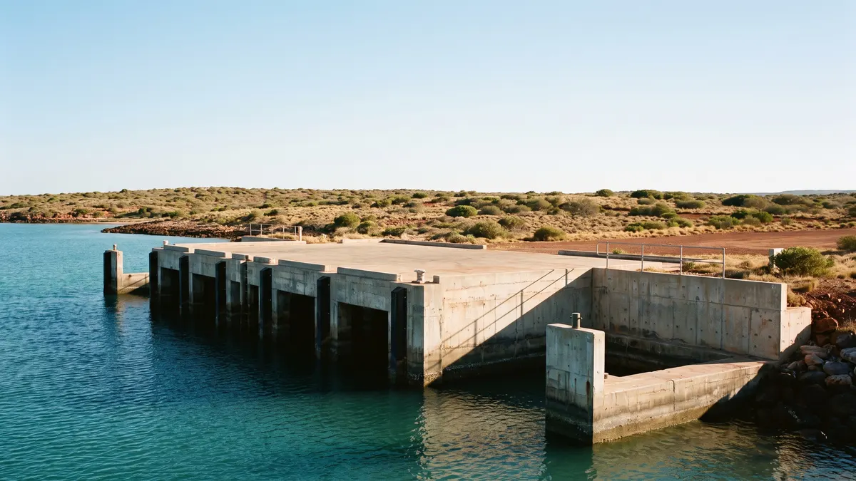 A plain concrete jetty and loading platform over turquoise water, with arid island scrubland and red earth behind.