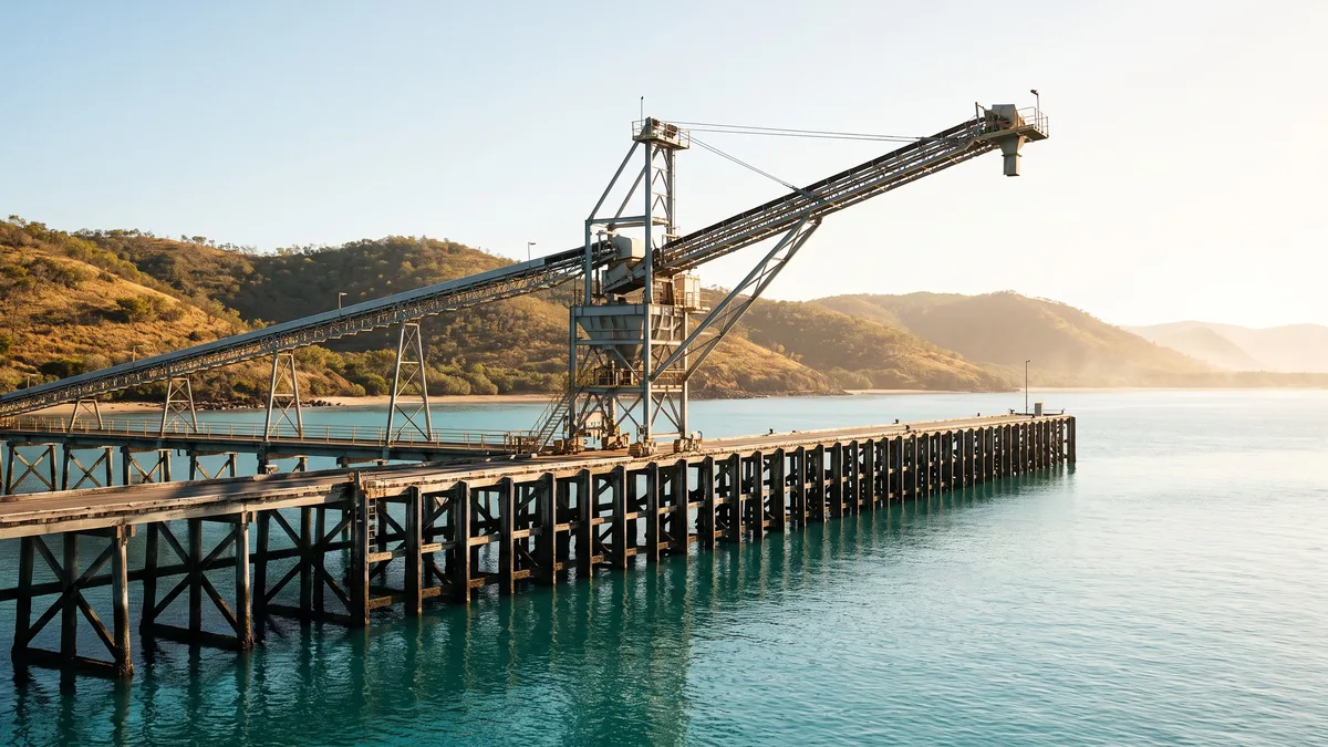 A bulk export conveyor jetty over turquoise Queensland coastal water, with dry tropical hills behind.
