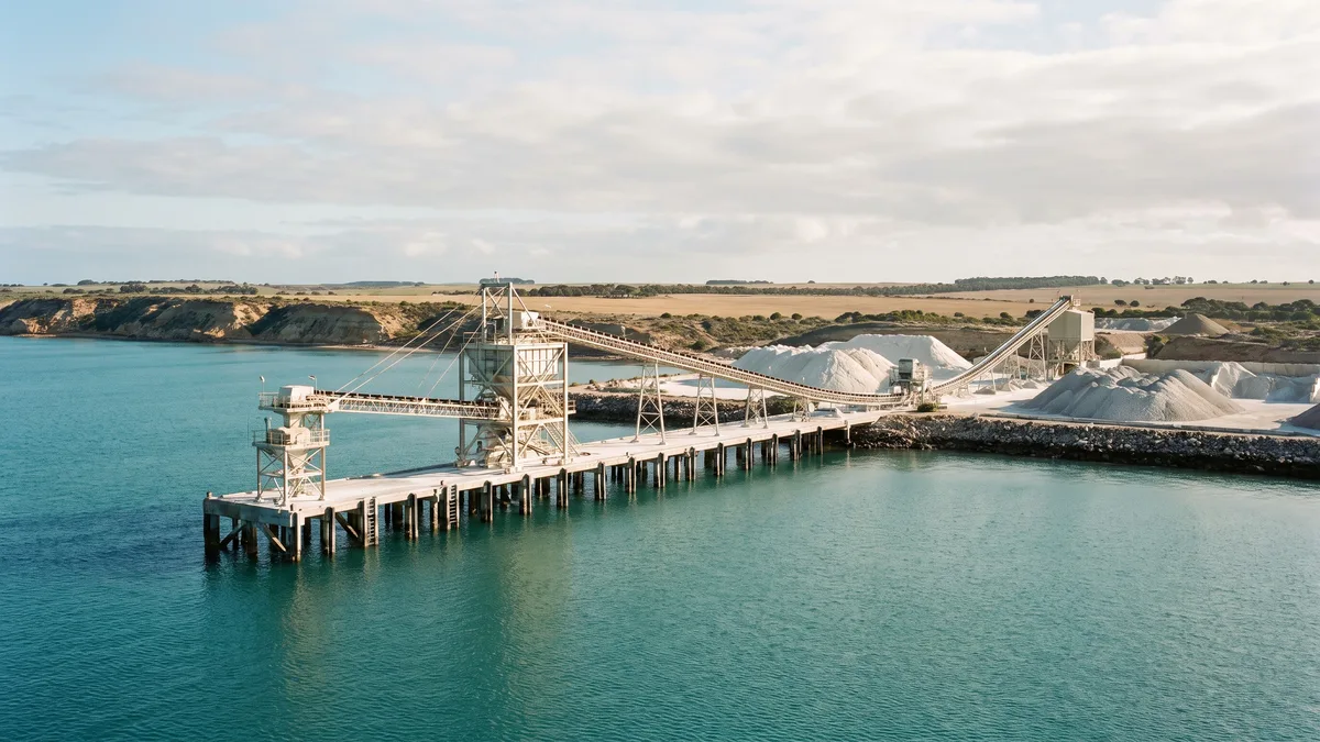A limestone conveyor loading jetty over calm turquoise gulf water, with temperate coastal farmland and low bluffs behind.
