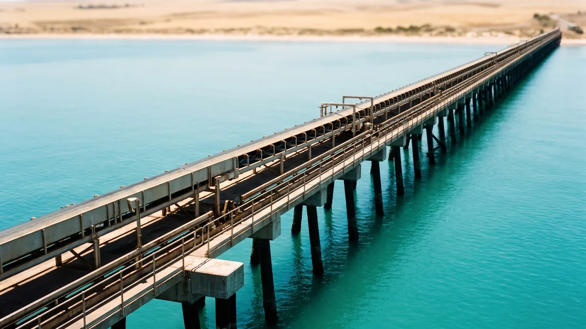 A long grain and mineral conveyor loading jetty over calm turquoise Spencer Gulf and Gulf St Vincent waters, with dry coastal country and pale wheat farmland behind, representing Flinders Ports' South Australian ports.