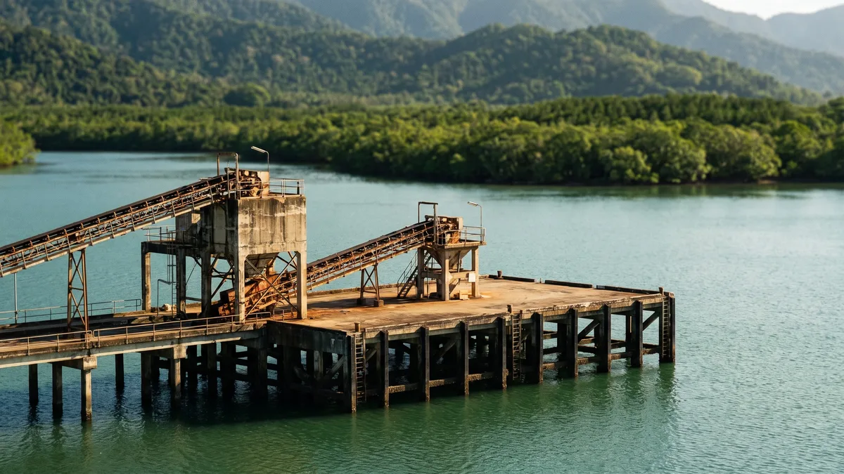 A working wharf and bulk loading jetty over calm turquoise tropical water, with a mangrove-lined shore and rainforest-covered ranges behind, representing Ports North's far north Queensland ports of Cairns, Mourilyan, Cape Flattery and Thursday Island.