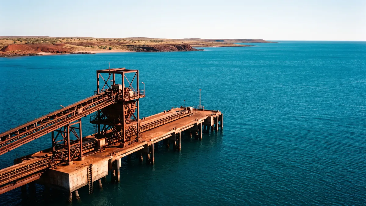 A rusted bulk conveyor loading jetty extending over deep turquoise coastal water, with a red-brown Pilbara desert coastline and sparse spinifex scrub behind, representing Pilbara Ports' Western Australian ports of Port Hedland, Dampier, Ashburton, Cape Preston West and Varanus Island.