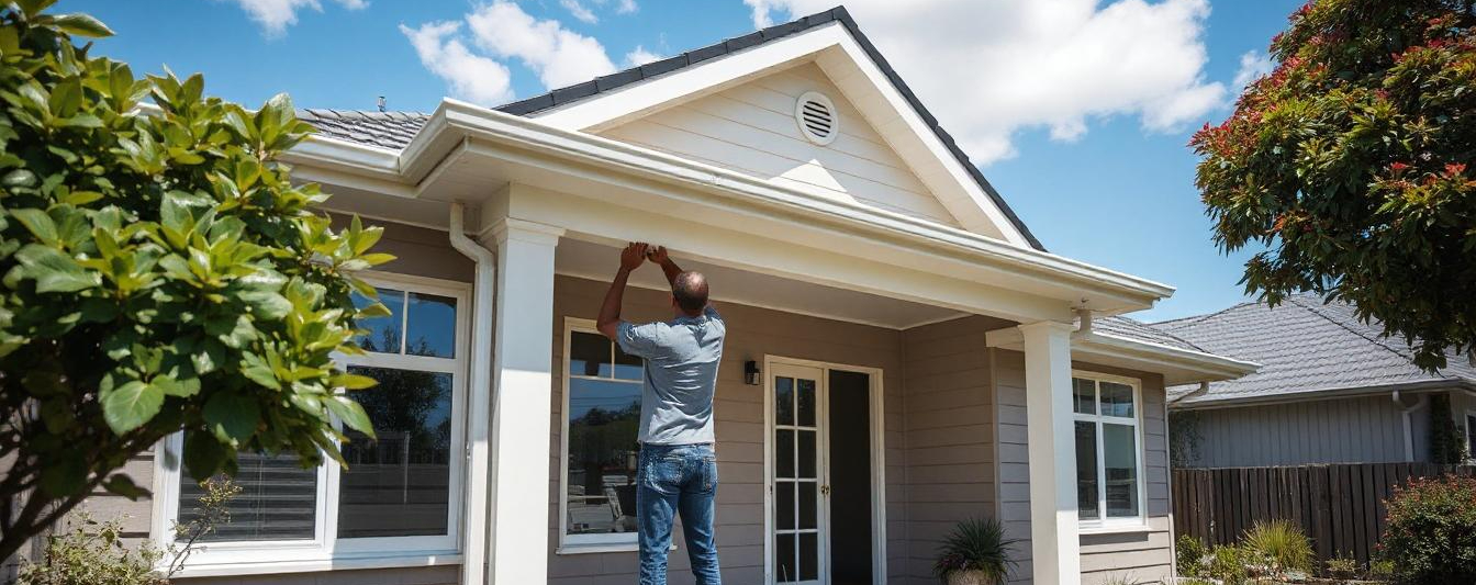 NZ property maintenance professional working outside a modern New Zealand home, inspecting exterior walls and gutters on a sunny day.