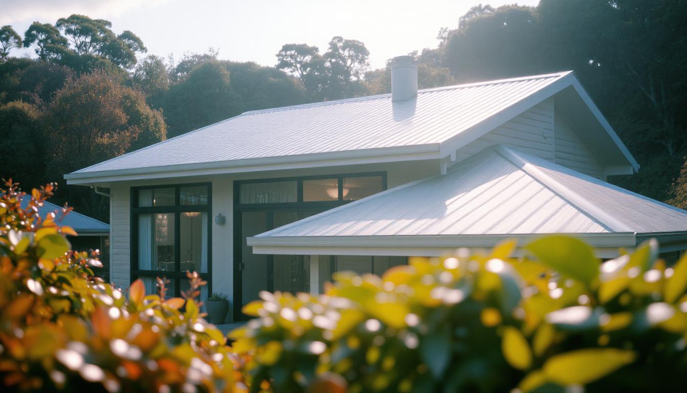 New Zealand home with a clean, well-maintained roof under a clear sky, surrounded by native trees and modern landscaping.