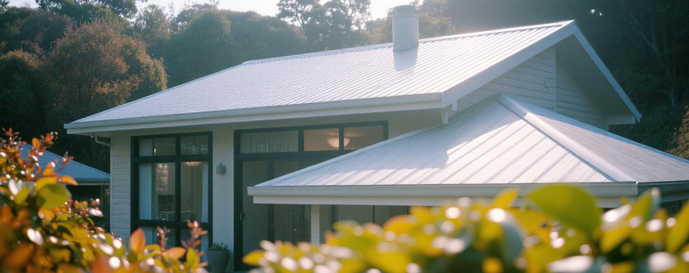 New Zealand home with a clean, well-maintained roof under a clear sky, surrounded by native trees and modern landscaping.