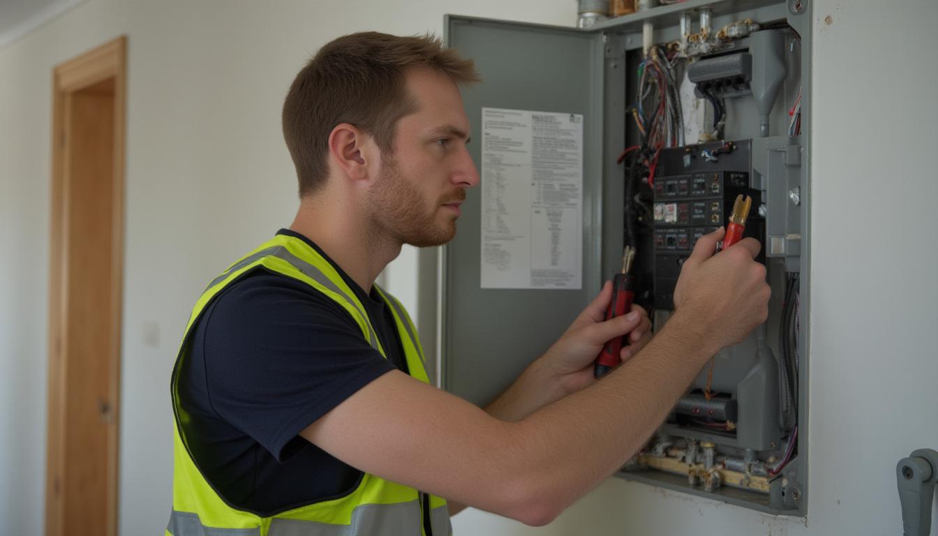 Electrician inspecting a home switchboard for wiring safety issues in New Zealand