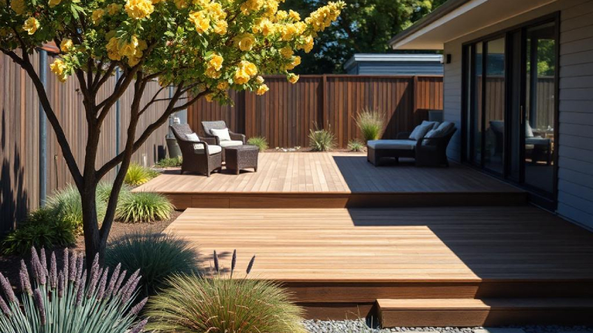 Well-maintained New Zealand deck with outdoor furniture, sunny weather, and green garden surrounding it