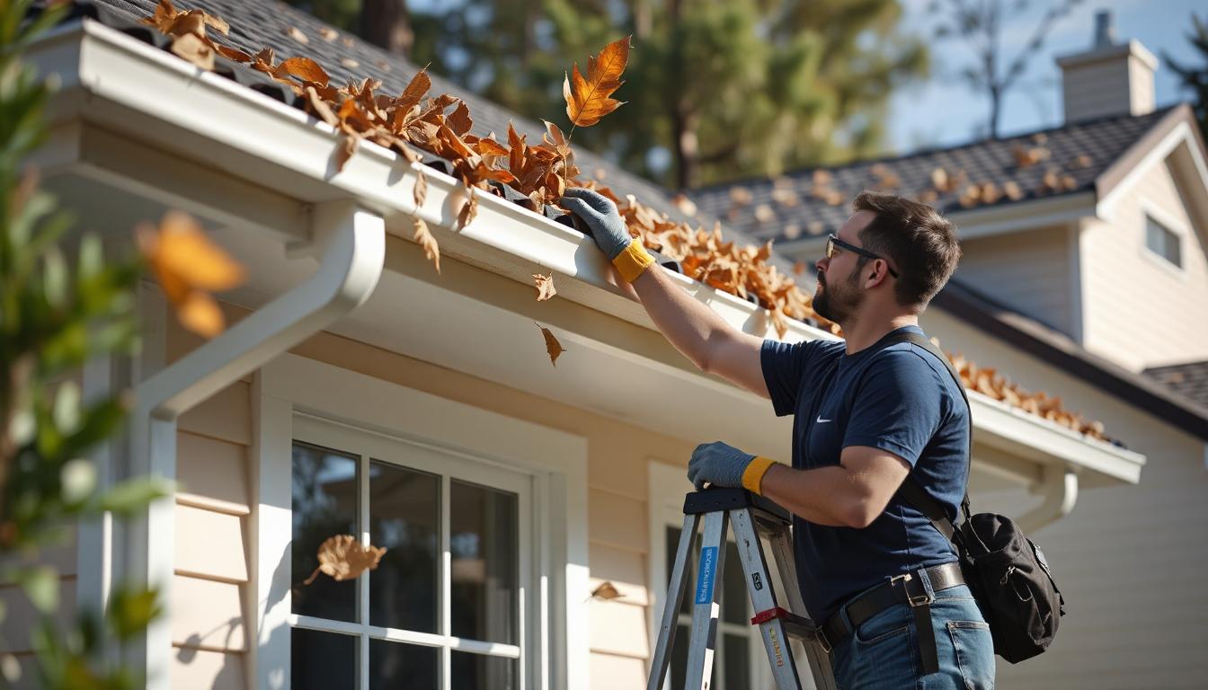 A homeowner cleaning leaves from a house gutter to prevent water damage in New Zealand.