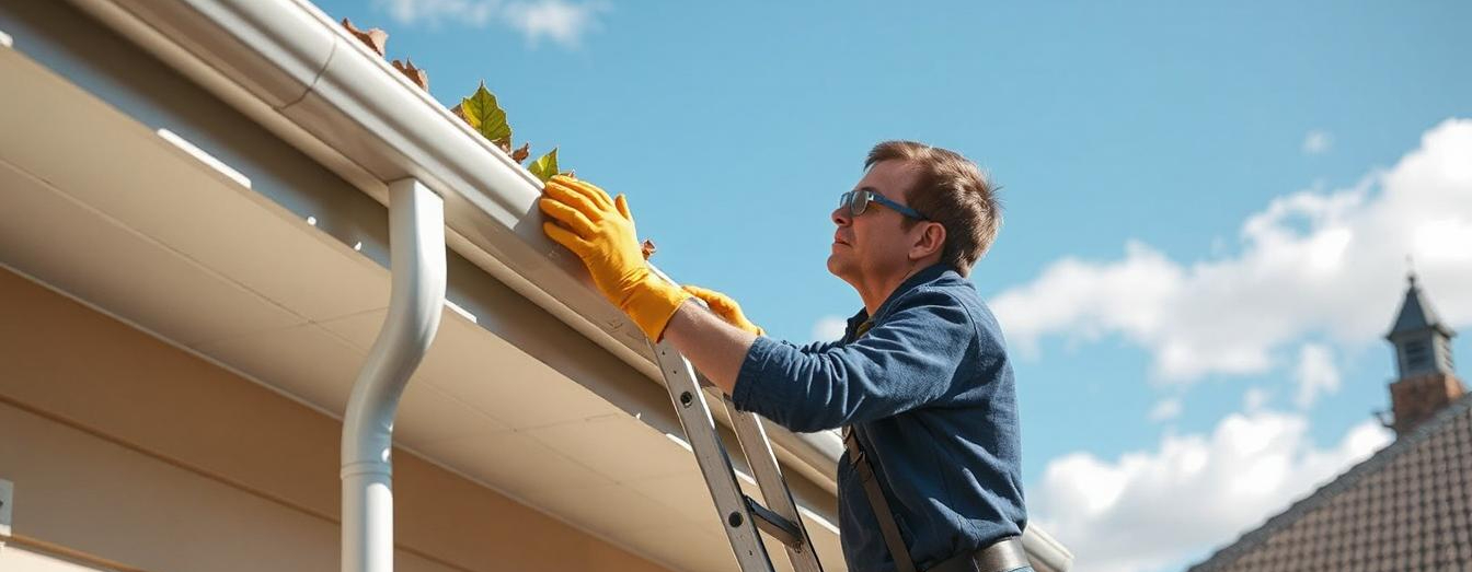A homeowner cleaning leaves from a house gutter to prevent water damage in New Zealand.