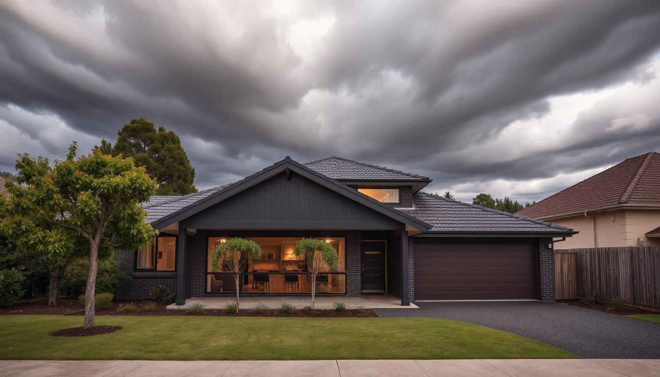 A New Zealand home prepared for stormy weather with clear gutters, and trimmed trees.