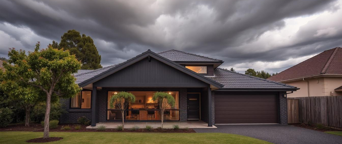 A New Zealand home prepared for stormy weather with clear gutters, and trimmed trees.