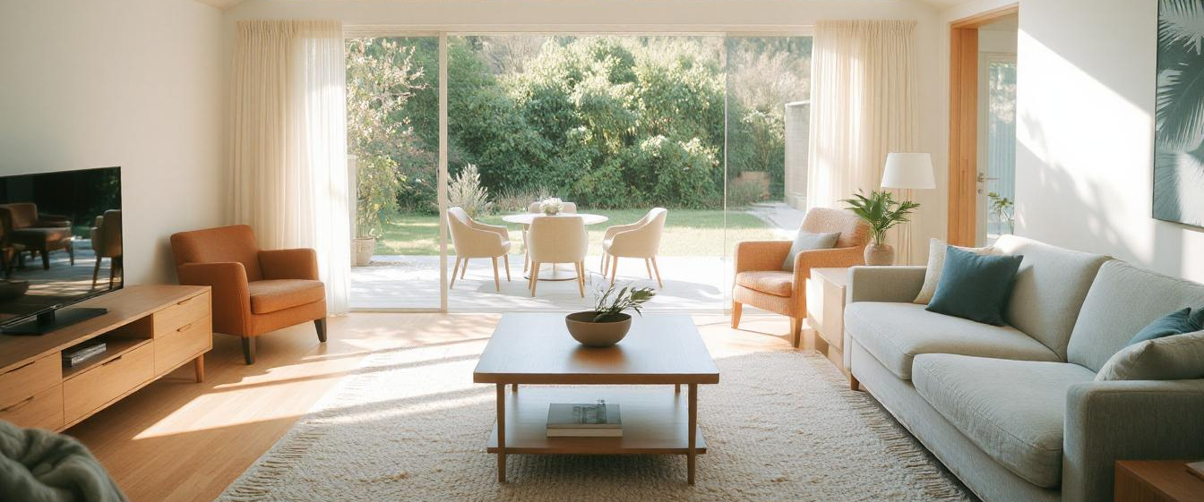 Bright, well-maintained New Zealand living room with natural light and modern décor