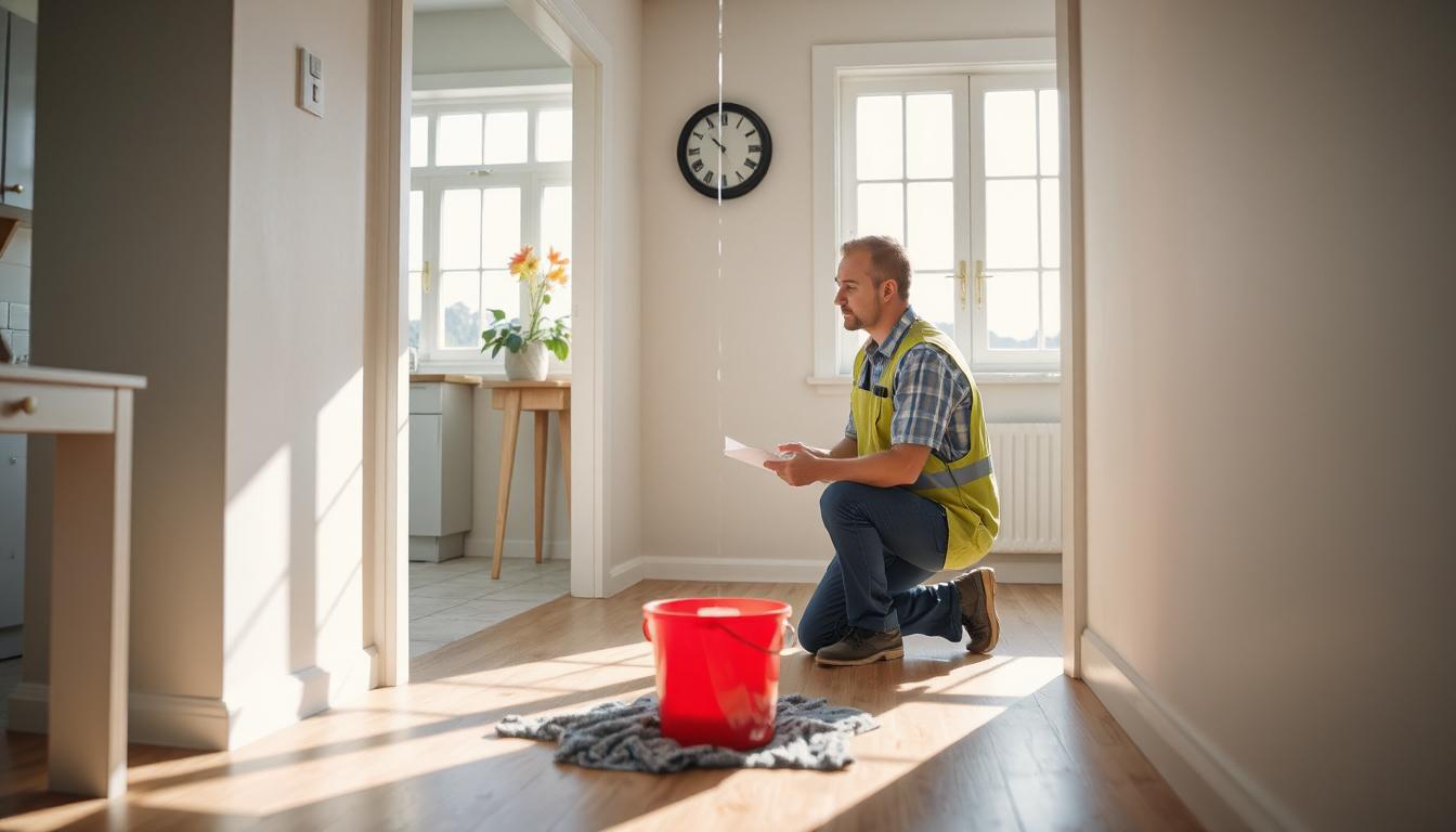 New Zealand home during a small water leak emergency, with a bucket under the dripping ceiling and emergency repair professional assessing damage.