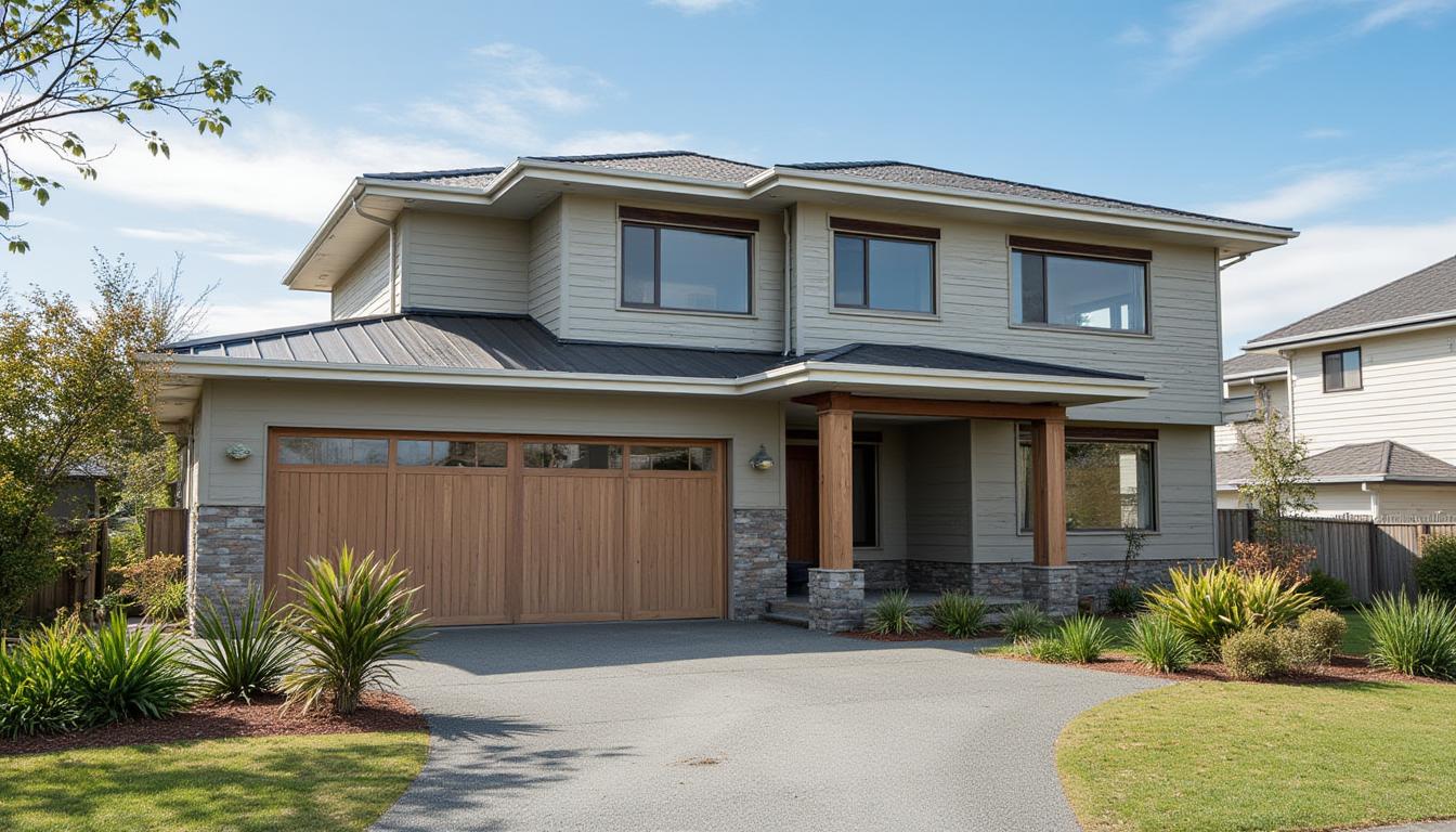 Clean modern New Zealand home after exterior house washing, showing fresh cladding, clear gutters, and well-maintained outdoor areas