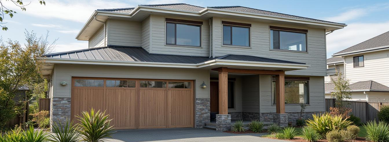 Clean modern New Zealand home after exterior house washing, showing fresh cladding, clear gutters, and well-maintained outdoor areas
