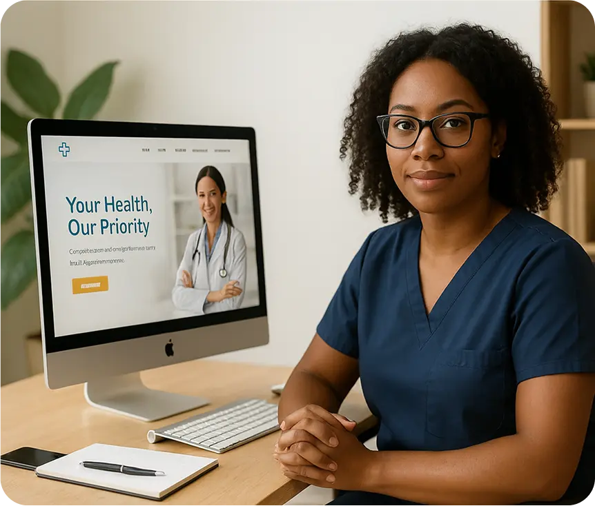 Healthcare professional in navy blue scrubs sitting at a desk with a computer displaying a medical website that reads 'Your Health, Our Priority.'