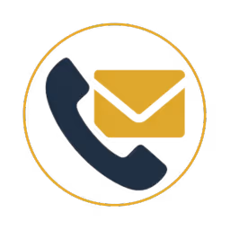 Dark blue phone handset icon next to a gold envelope inside a thin gold circle, representing contact by phone or email.