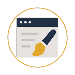 Dark blue and gold icon of a web browser window with a paintbrush, enclosed in a thin gold circle, symbolizing web design or customization.
