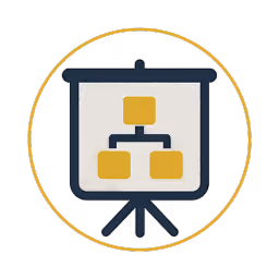 Dark blue presentation board icon with a gold flowchart diagram, enclosed in a thin gold circle, symbolizing planning or strategy.