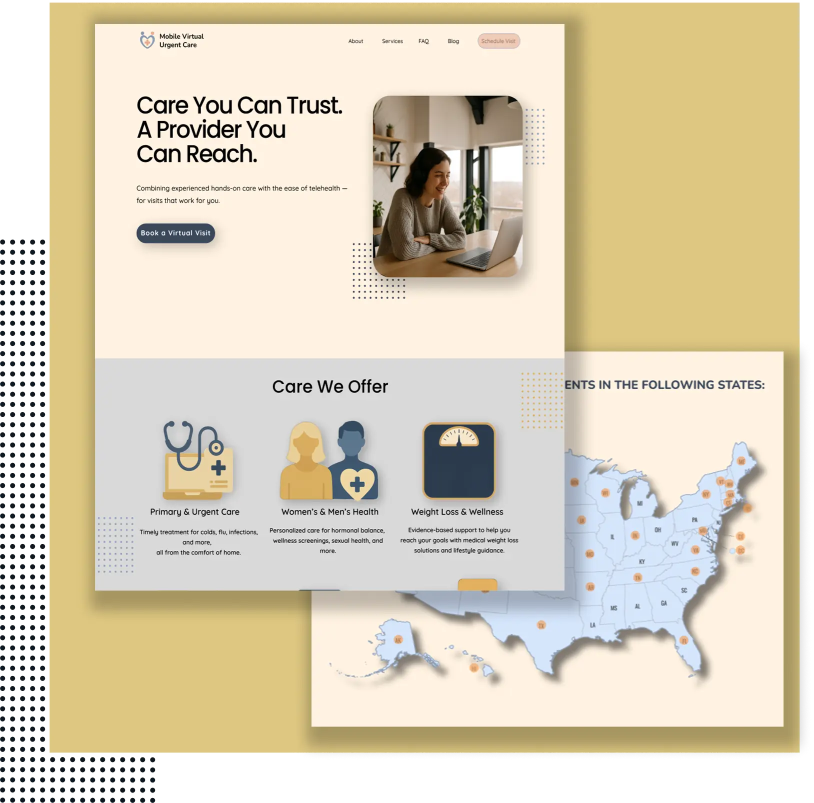Mockup of a telehealth website homepage with the headline 'Care You Can Trust. A Provider You Can Reach.' The design features a woman on a video call, service icons for primary and urgent care, women’s and men’s health, and weight loss and wellness, along with a U.S. map showing service availability.