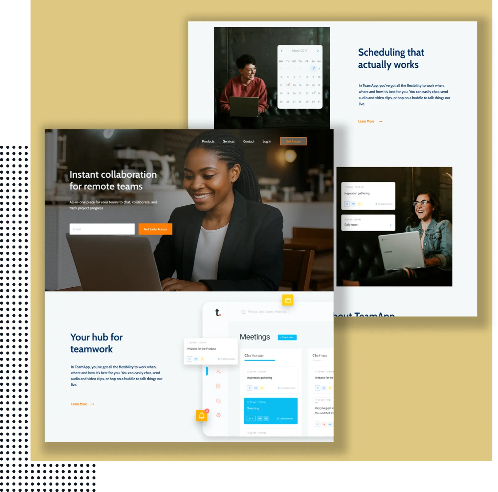 Collage of modern website mockups showing business professionals using laptops. Screens highlight features like scheduling, collaboration, and meeting tools for remote teams.