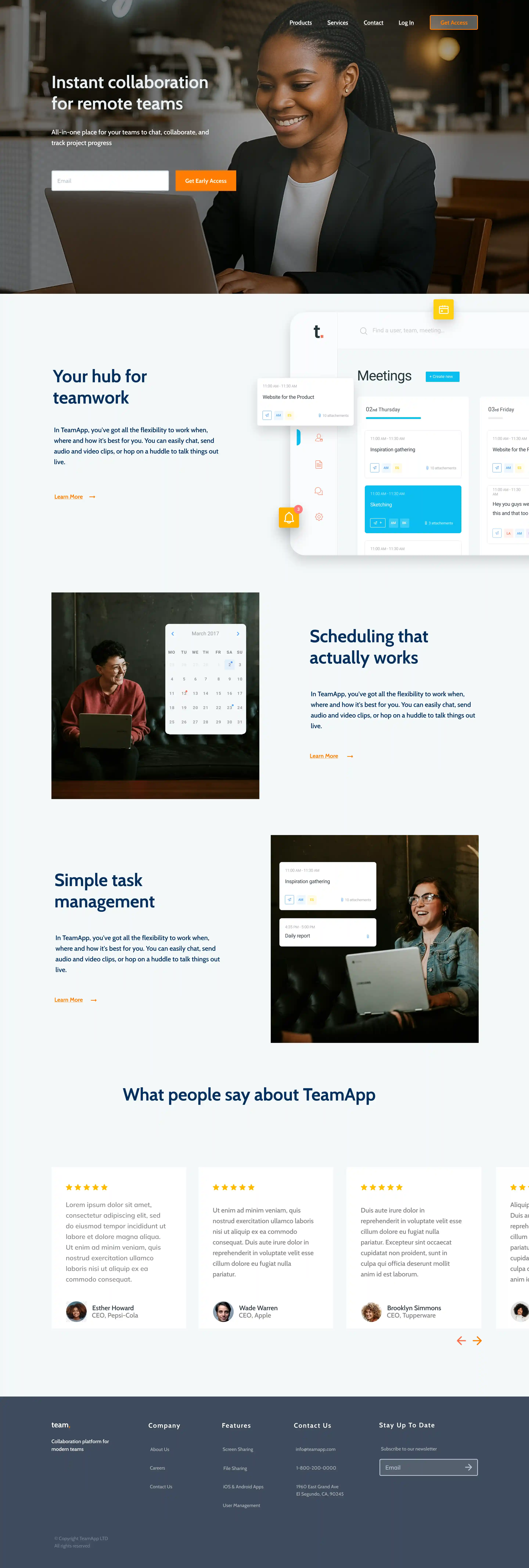 Full-page mockup of a business collaboration software website. Design features a smiling woman using a laptop, sections on teamwork, scheduling, and task management, along with testimonial cards and a footer menu.