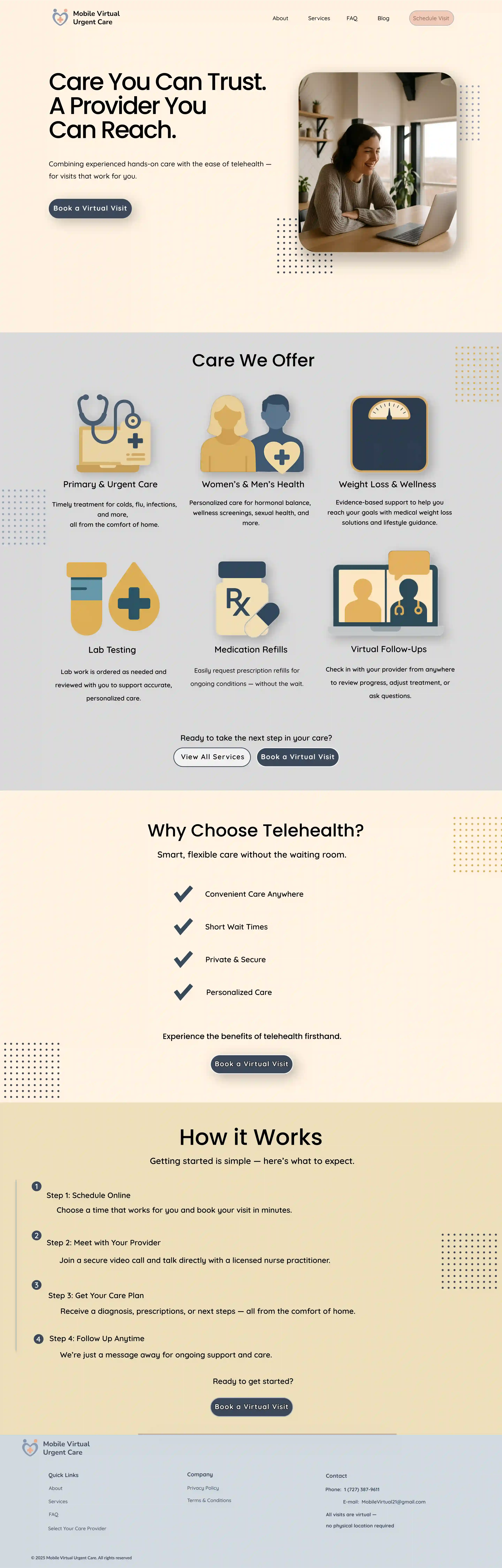 Full-page mockup of a telehealth urgent care website. Sections include a headline 'Care You Can Trust. A Provider You Can Reach,' service icons for urgent care, men’s and women’s health, weight loss, prescriptions, and mental health, plus feature highlights like 'Why Choose Telemedicine?' and 'How It Works