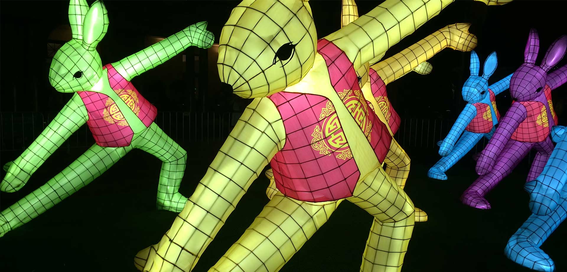 life sized colourful illuminated lanterns of rabbits dancing for chinese new year celebrations