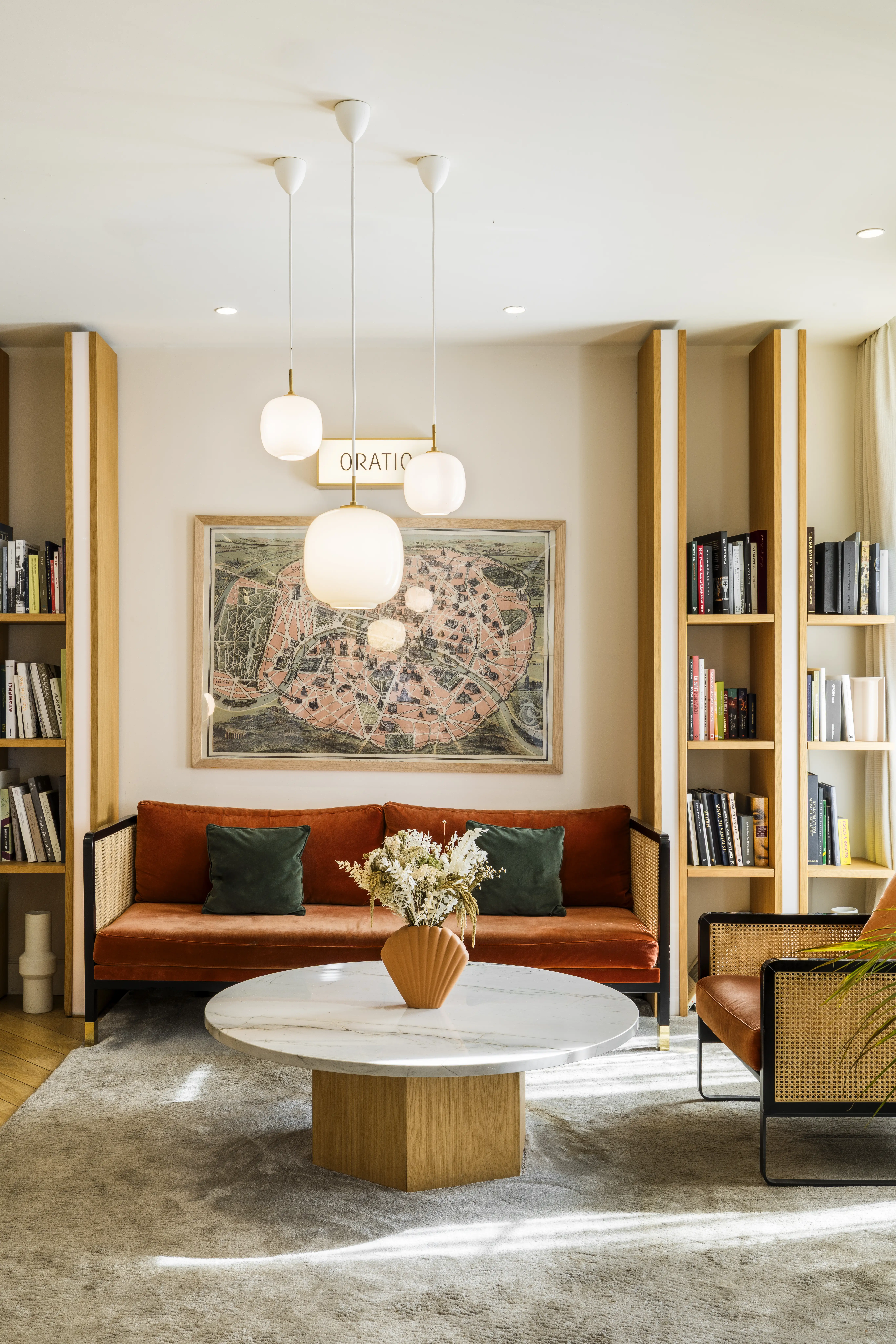 Lobby with designer furniture and a library - Oratio Hotel, Latin Quarter