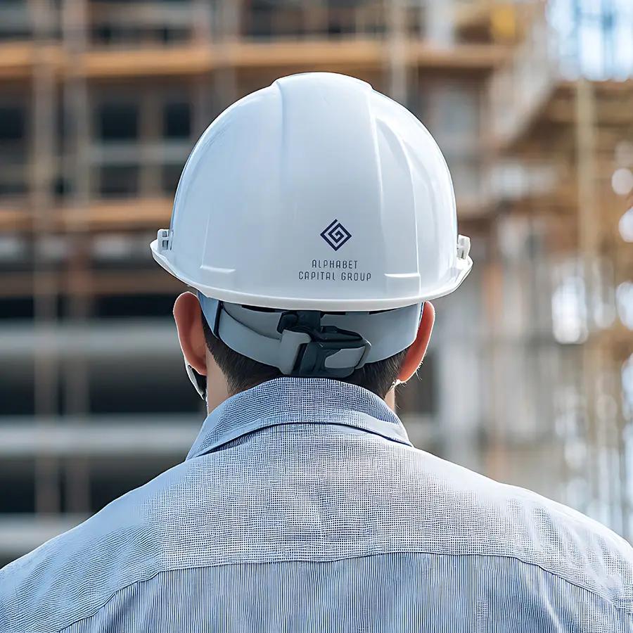 Rear view of a construction manager wearing a white hard hat, overseeing a building site during end-to-end project oversight and execution