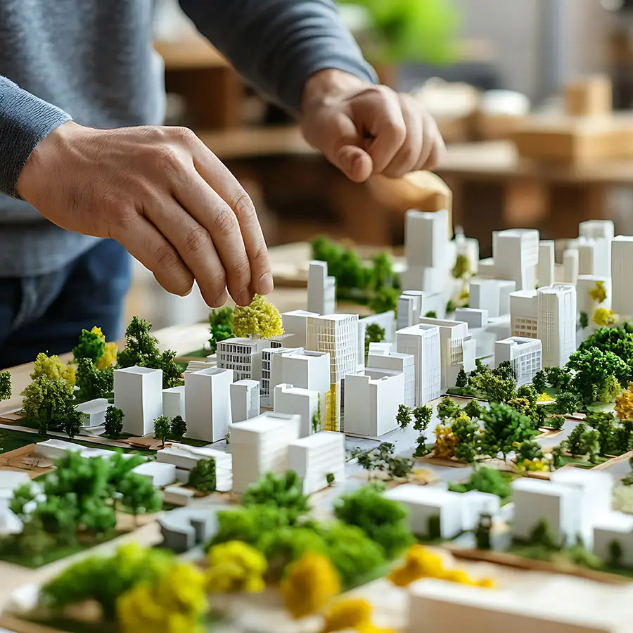 Close-up of hands arranging miniature trees and buildings on an architectural scale model during urban planning and feasibility analysis