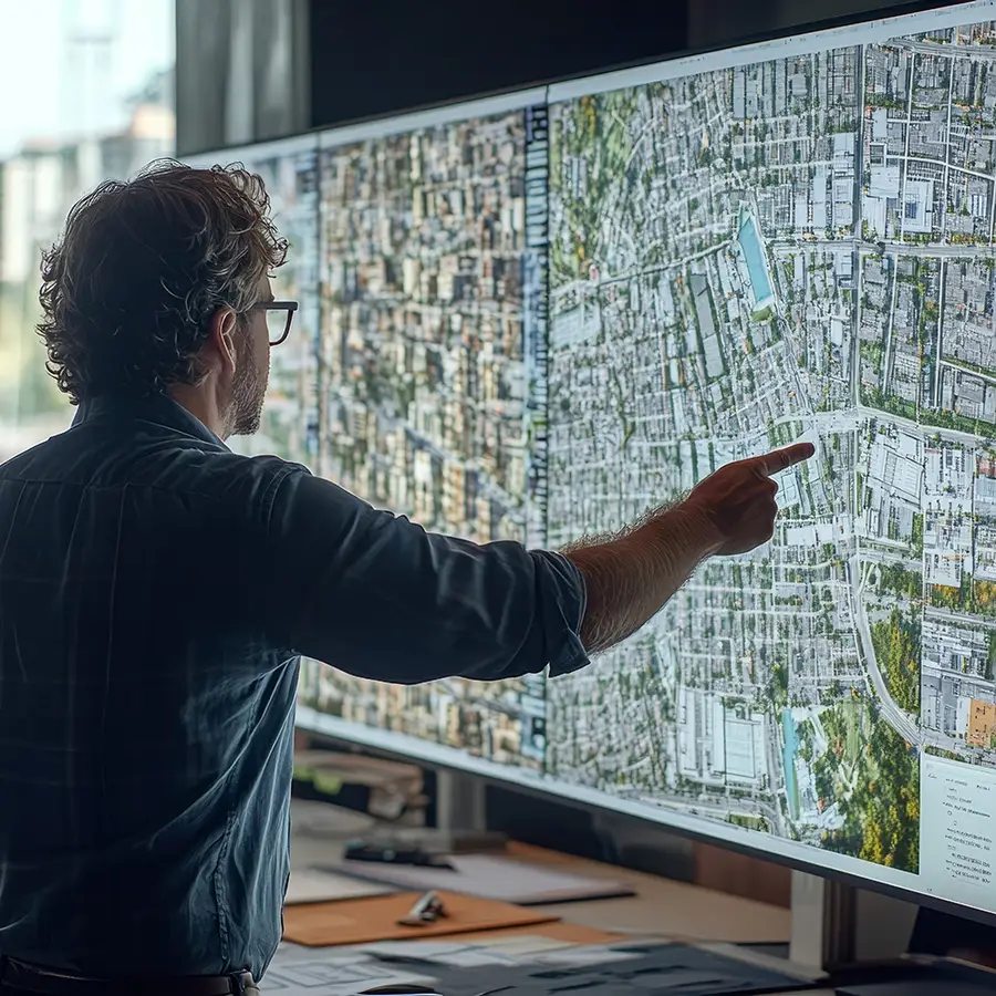 Person pointing at a specific location on a large satellite map display during analysis for the identification and acquisition of high-potential land.
