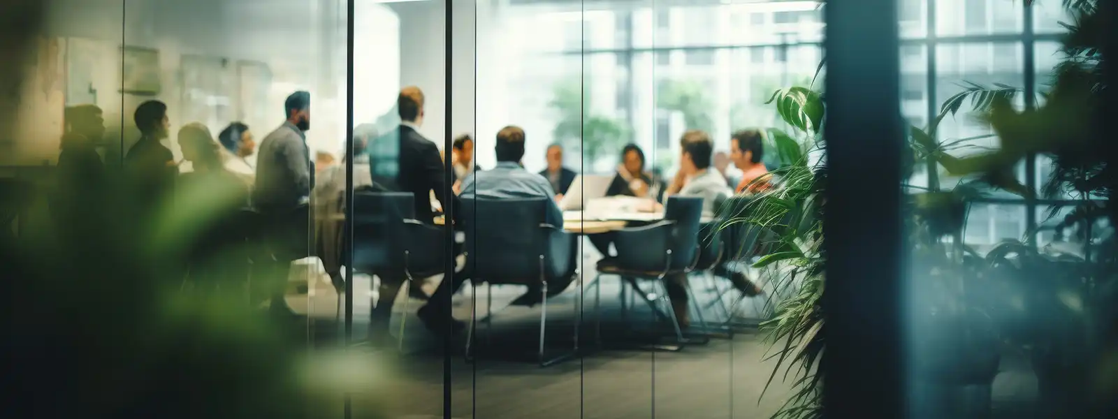 View through glass walls of a corporate conference room where a business team is engaged in a meeting and discussion